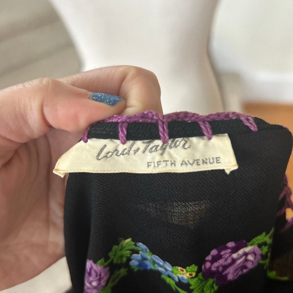 Vintage 60s 70s Lord & Taylor Black Blouson Purple Floral Mini Dress Cottage - Picture 3 of 6